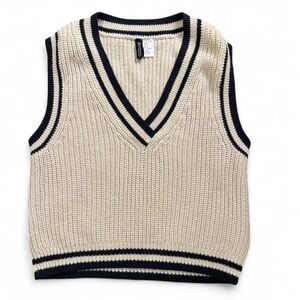 H&M Cream Knit V-Neck Sweater Vest with Black Trim